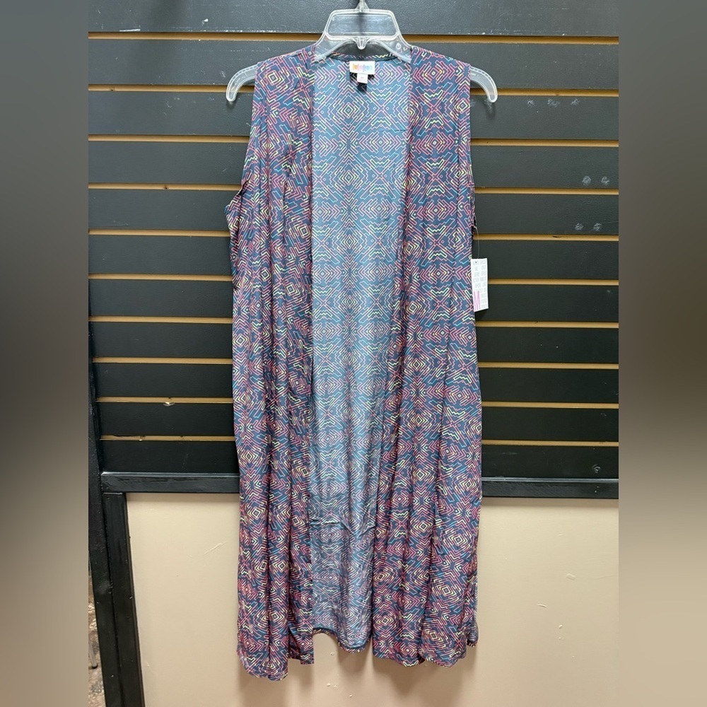 NWT LuLaRoe Joy Sleeveless Open Duster Cardigan Colorful Print Size M